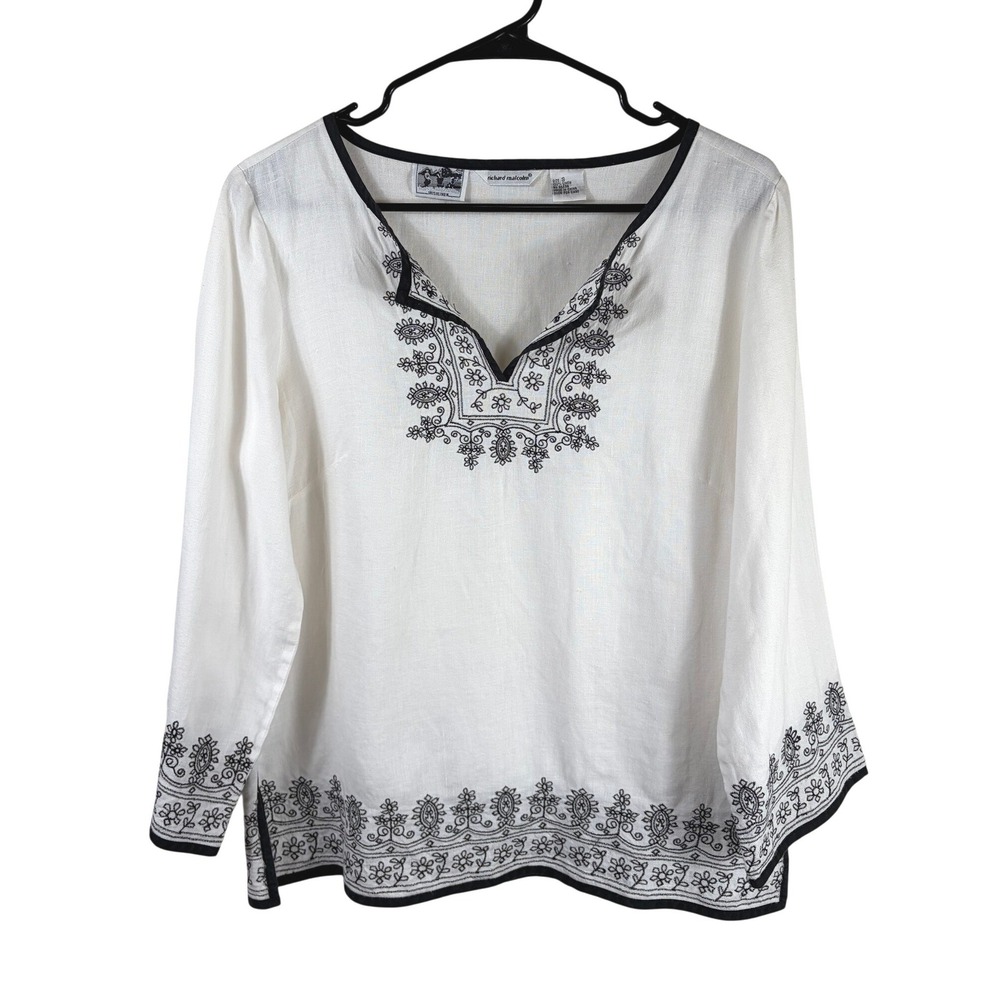 Richard Malcolm Vintage Irish Linen Embroidered Tunic Blouse White Black Small